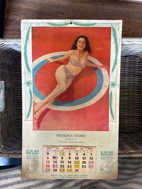 Vintage 1957 Wolverine Work Gloves Pinup Calendar Nelson's Store Windber PA Ad